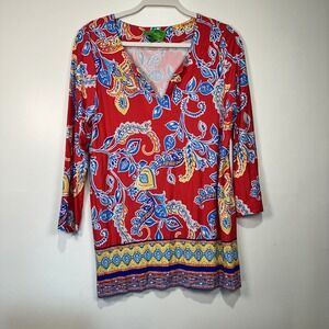 Pappagallo Red Paisley Print 3/4 Sleeve V Neck Tunic Top Womens Size M